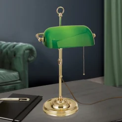 Banklampe Harvard med trekkbryter, messing/grønn