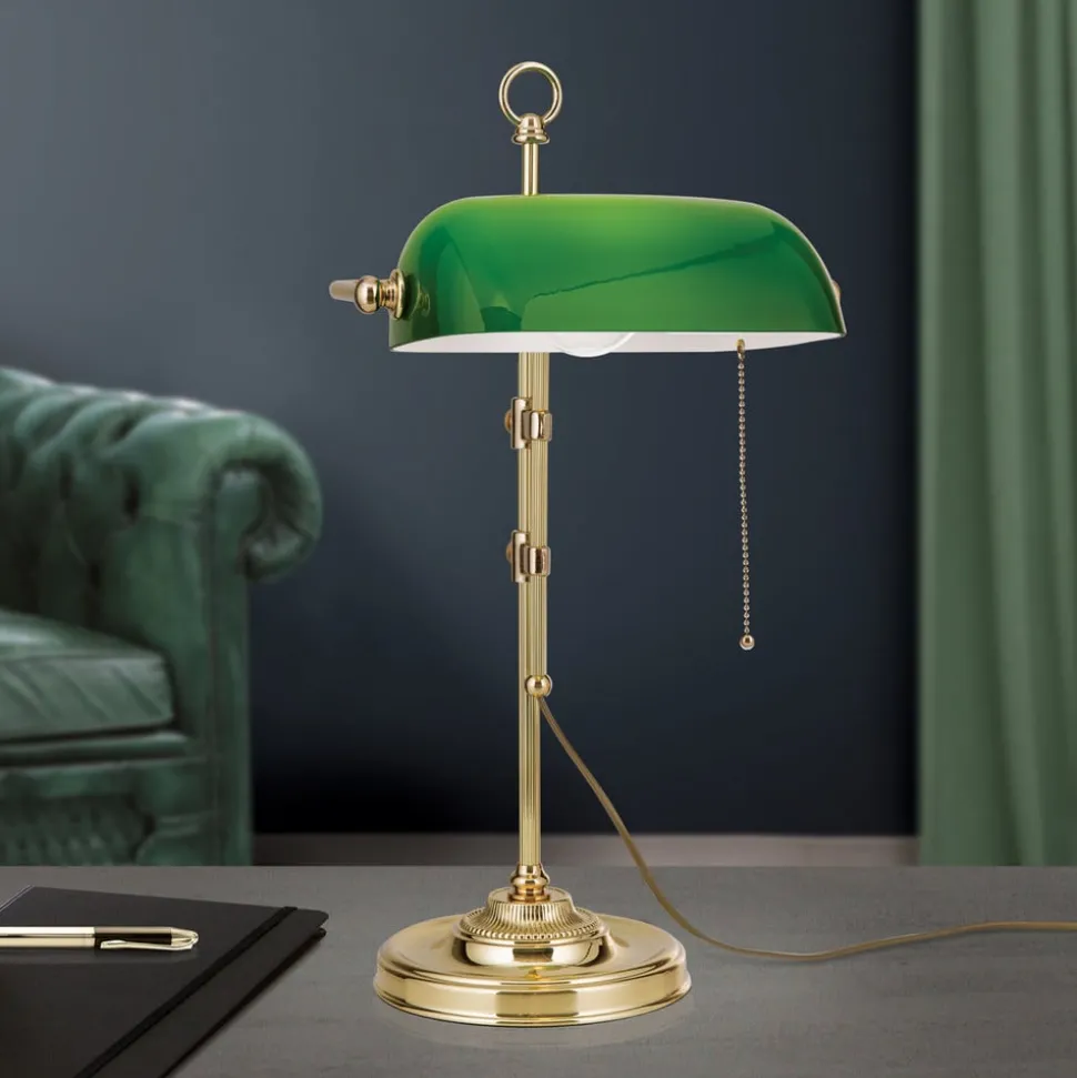 Banklampe Harvard med trekkbryter, messing/grønn