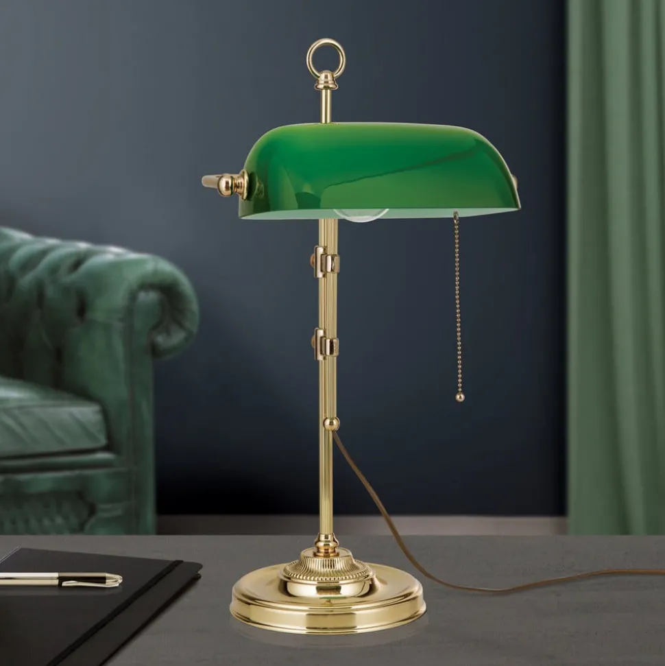 Banklampe Harvard med trekkbryter, messing/grønn