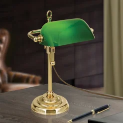 Banklampe Harvard, messing/grønn, høyde 32 cm