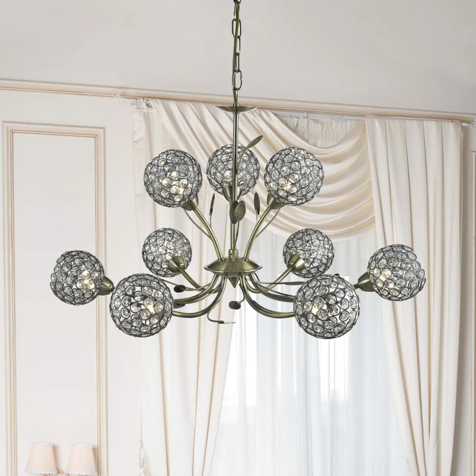 Bellis II lysekrone, antikk messingfarget, glass, 9 lyskilder, G9