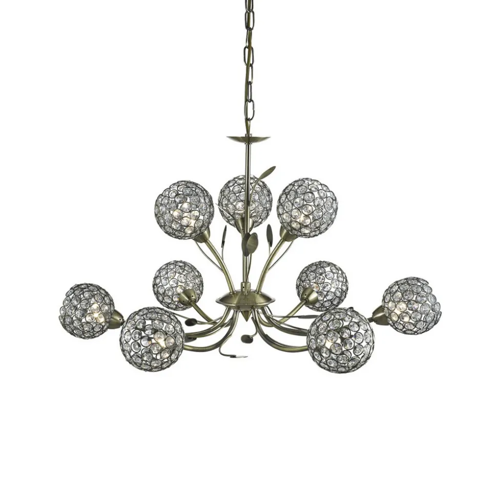 Bellis II lysekrone, antikk messingfarget, glass, 9 lyskilder, G9