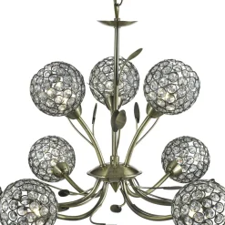 Bellis II lysekrone, antikk messingfarget, glass, 9 lyskilder, G9