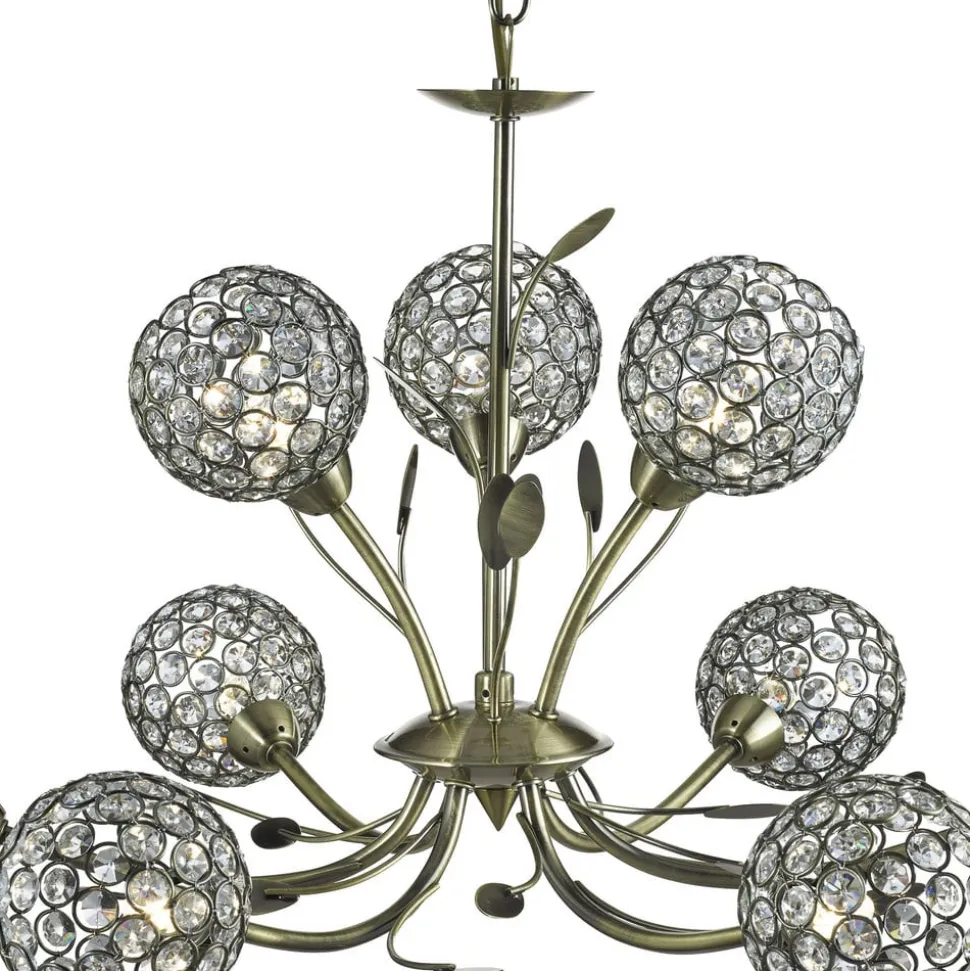 Bellis II lysekrone, antikk messingfarget, glass, 9 lyskilder, G9