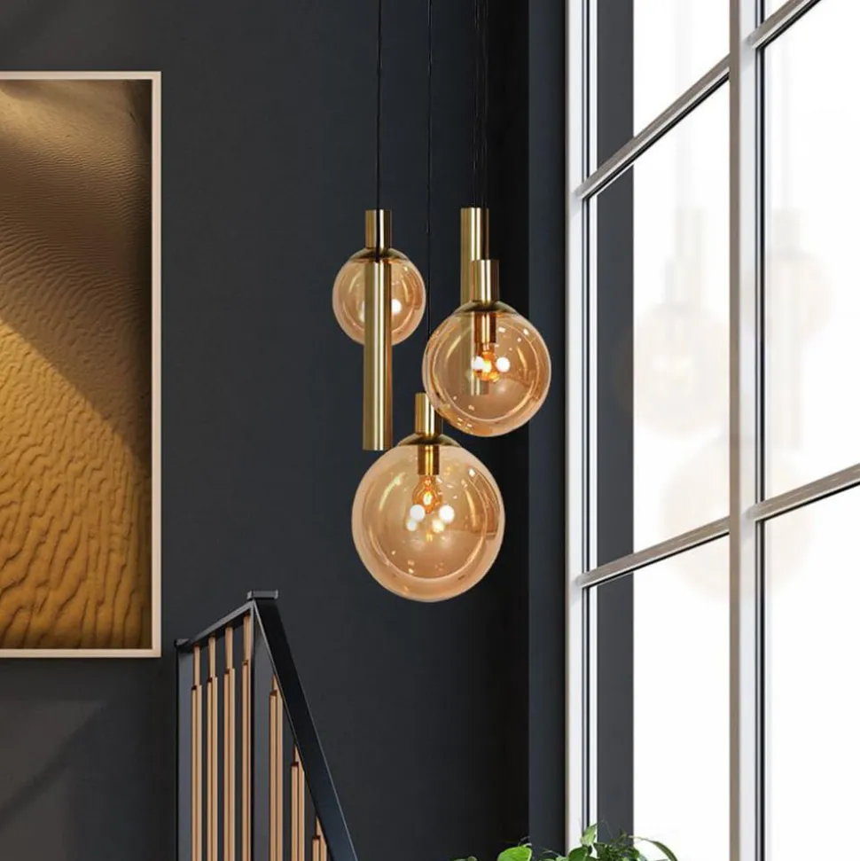 Bollique hengelampe, 5 lyskilder, rund, messing, GU10 + E27