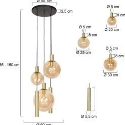 Bollique hengelampe, 5 lyskilder, rund, messing, GU10 + E27