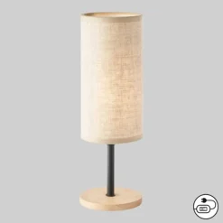 Bordlampe Kira, tekstilskjerm, svart / eik natur