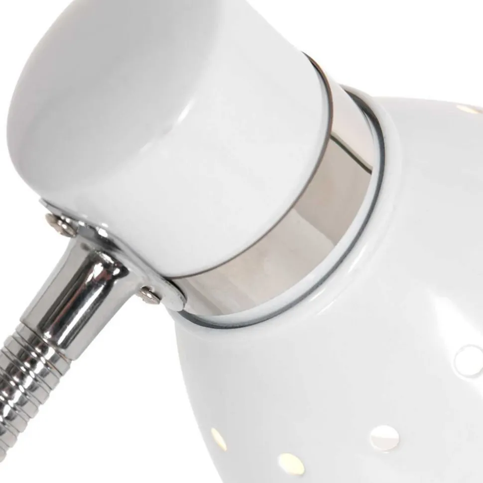 Bordlampe med fjær, hvit, metall, fleksibel arm, med bryter