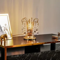 Bordlampe Pioggia med krystallregn, 26 cm, gull