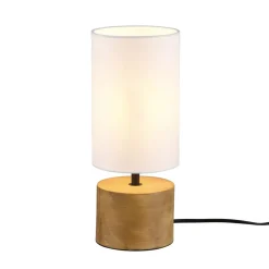 Bordlampe Woody, tre/tekstil, sylinder, hvit