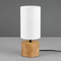 Bordlampe Woody, tre/tekstil, sylinder, hvit