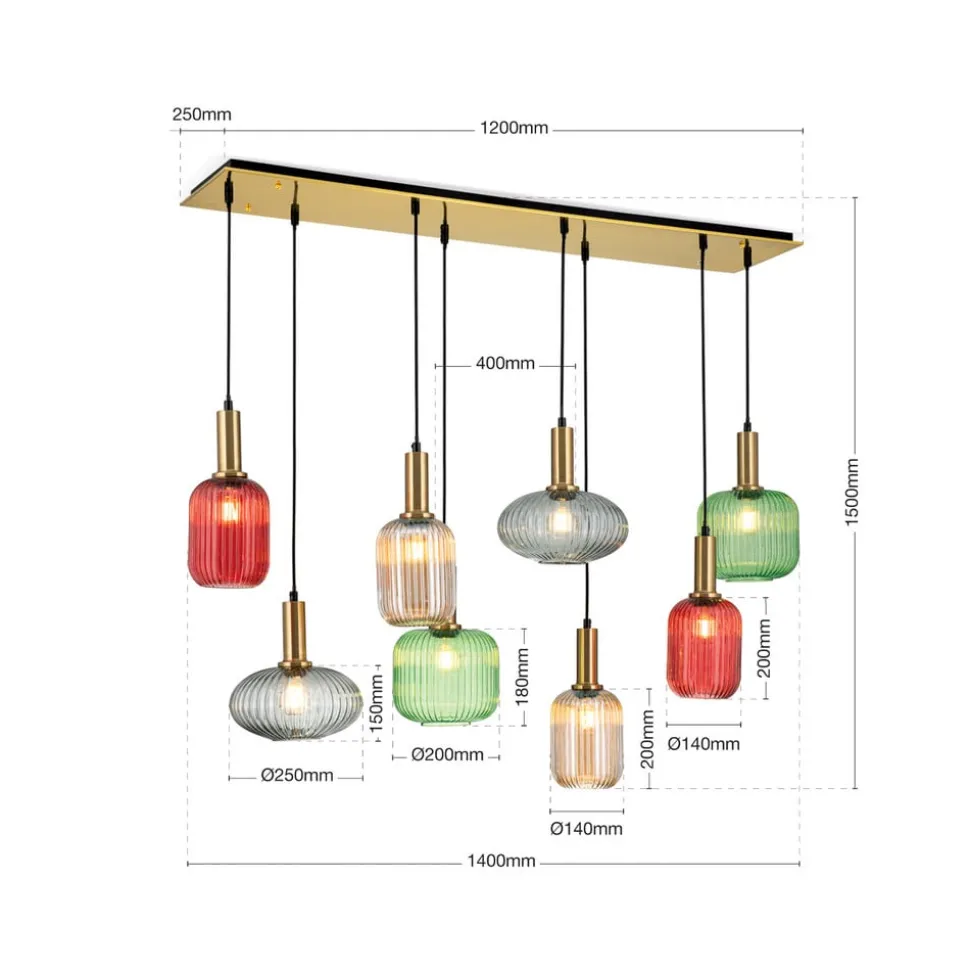 Carneval pendellampe, fargerik, lengde 140 cm, glass, 8 lyskilder.