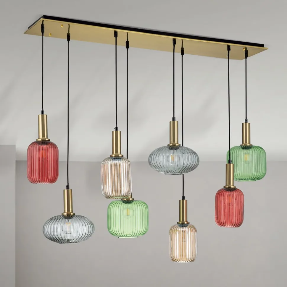 Carneval pendellampe, fargerik, lengde 140 cm, glass, 8 lyskilder.