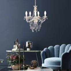 Cecilia lysekrone, hvit, jern/akryl, Ø 52 cm, 5 lyskilder.