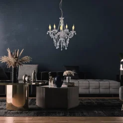 Cecilia lysekrone, krom, jern/akryl, Ø 52 cm, 5 lyskilder.