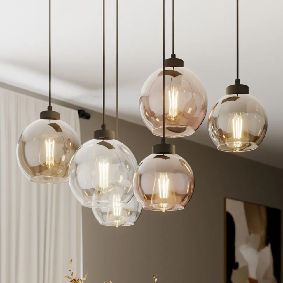 Cubus hengelampe, 74 cm, 6 lyskilder, klar/honning/brun, glass