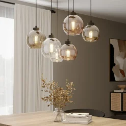 Cubus hengelampe, 74 cm, 6 lyskilder, klar/honning/brun, glass