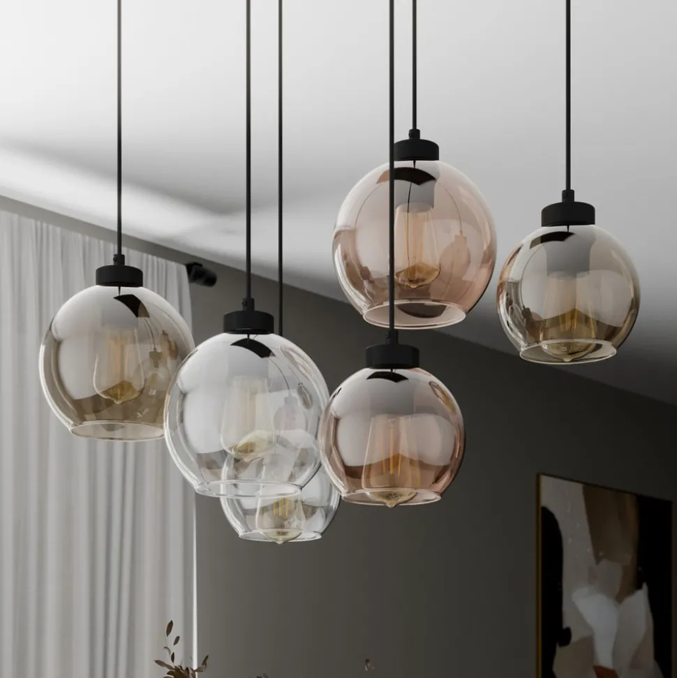 Cubus hengelampe, 74 cm, 6 lyskilder, klar/honning/brun, glass