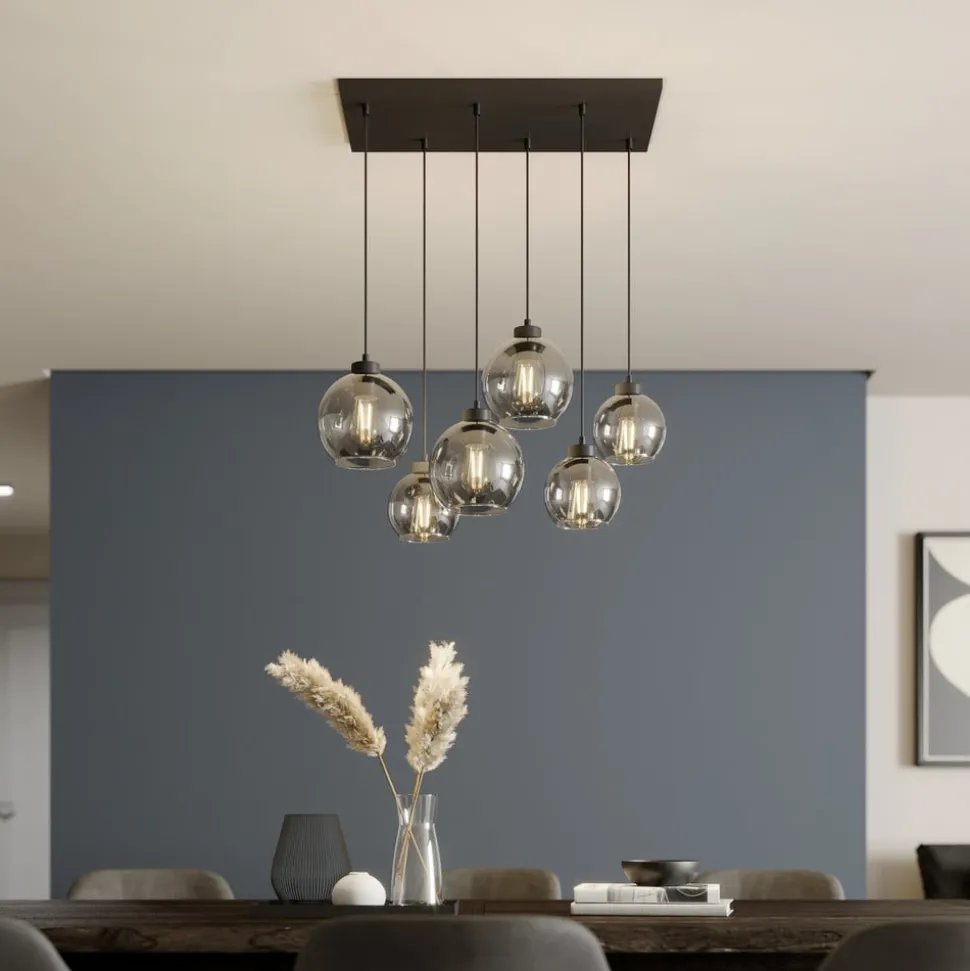 Cubus hengelampe, røykgrå, glass, 74 cm lang, 6 lyskilder