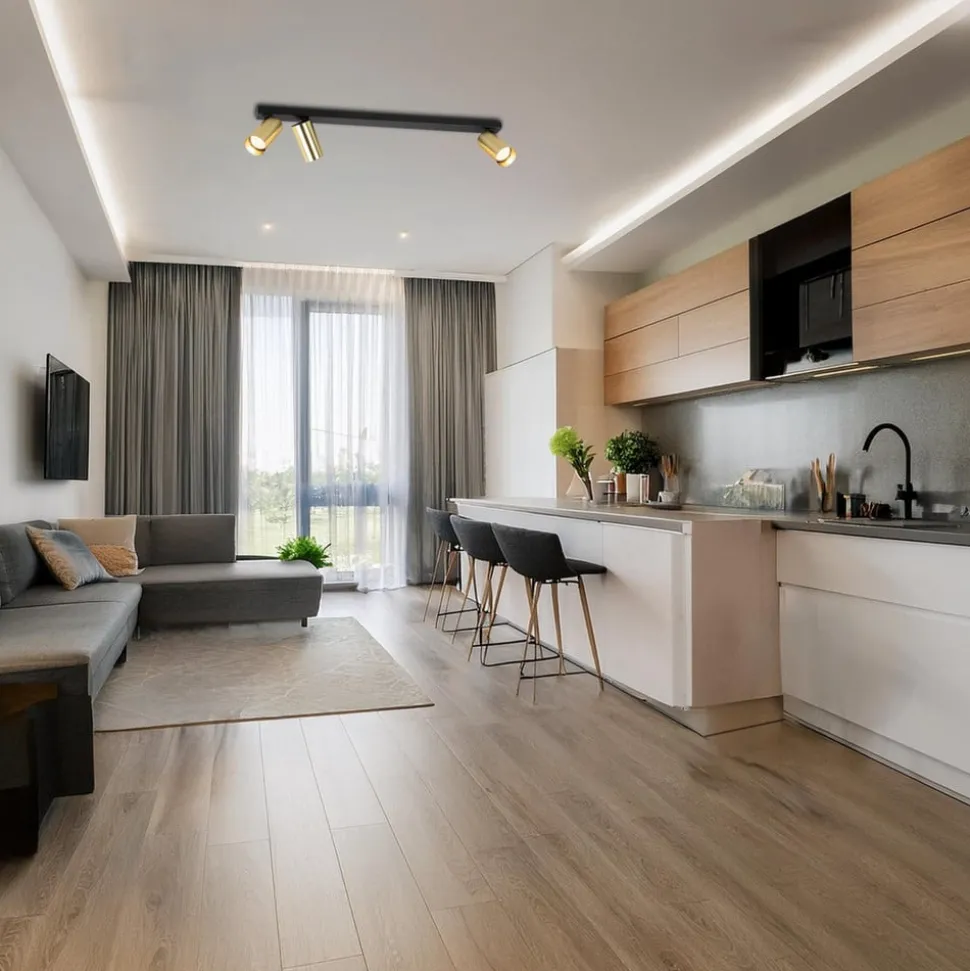 Downlight Hero, svart/gull, 3 lyskilder, 70 cm, metall