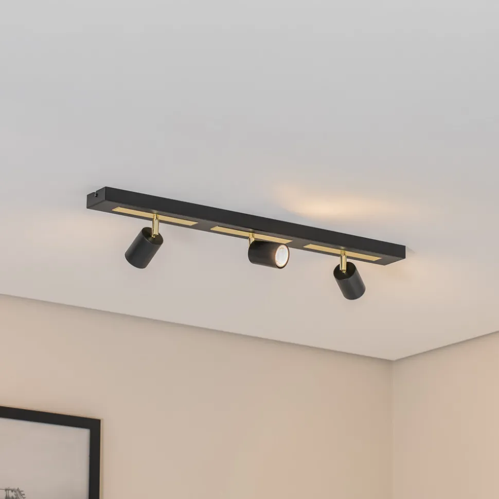 Downlight Rodez, svart/gull, lengde 80 cm, 3 lyskilder, IP50, 100 W, 1200 lm,