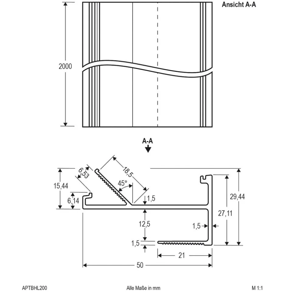 EVN APTBH alu.-profil, rettet mot taket, 200cm alu