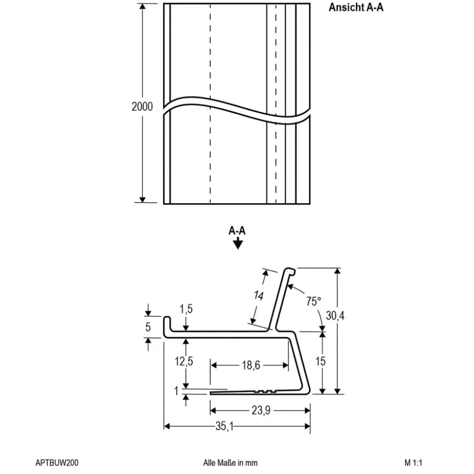 EVN APTBU alu.-profil rettet mot veggen 200cm hvit