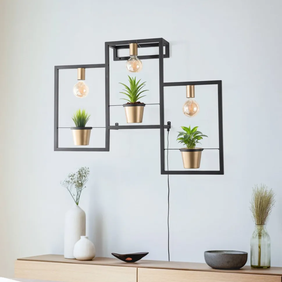 Flores vegglampe, 3 lyskilder, svart/gull, med støpsel