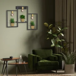 Flores vegglampe, 3 lyskilder, svart/gull, med støpsel