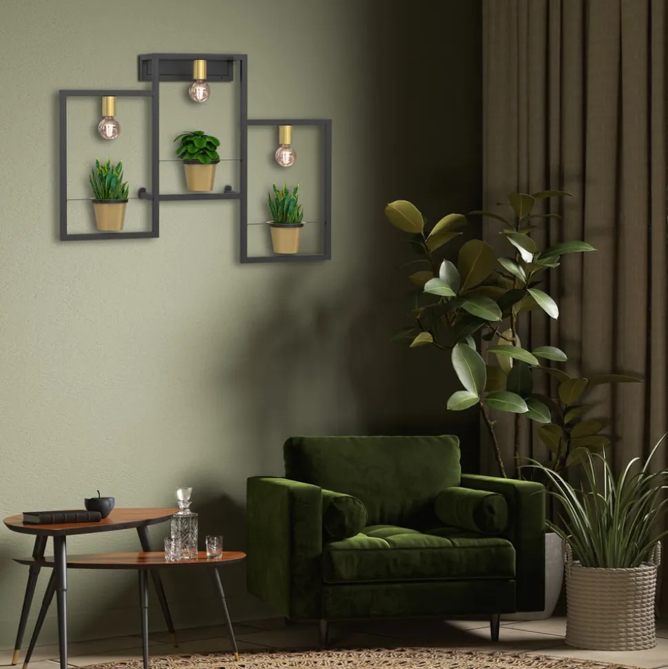 Flores vegglampe, 3 lyskilder, svart/gull, med støpsel