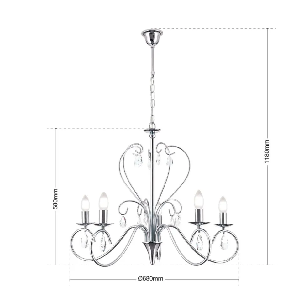Grasiøs FIORETTO lysekrone i krom med fem lys