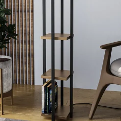 Gulvlampe 8115, svart/gull/hvit, metall/lerret, høyde 130 cm