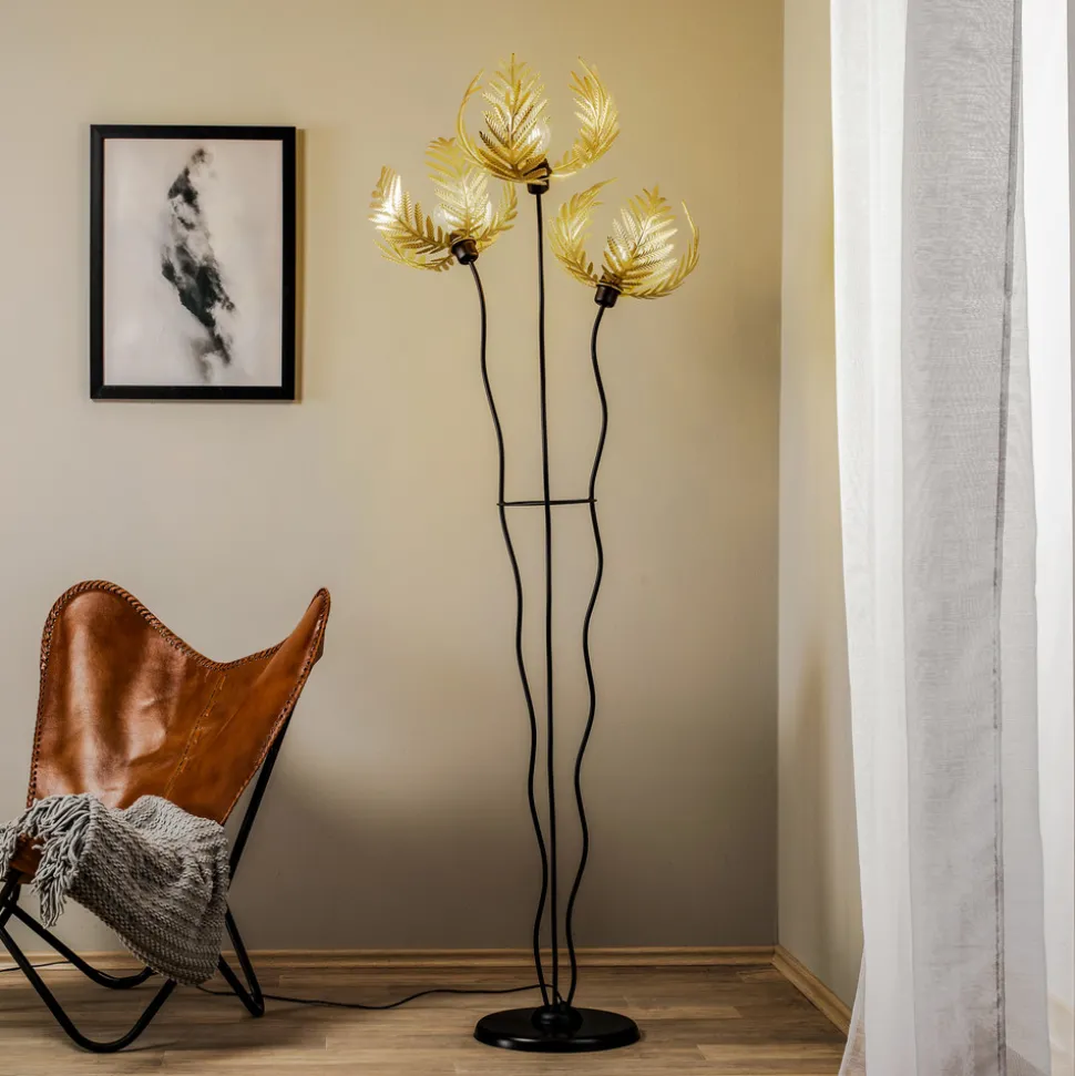 Gulvlampe Dubai, palmedekor, 3 lyskilder, gull