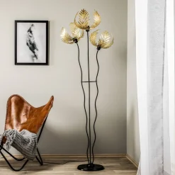 Gulvlampe Dubai, palmedekor, 3 lyskilder, gull