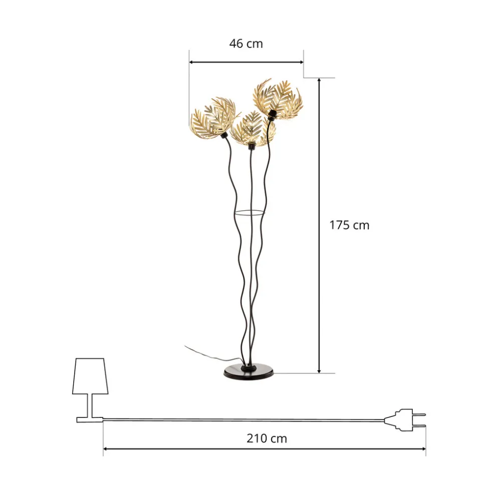 Gulvlampe Dubai, palmedekor, 3 lyskilder, gull