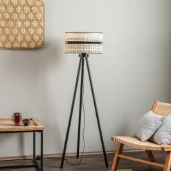 Gulvlampe Duo, rotting, tripod, beige/svart