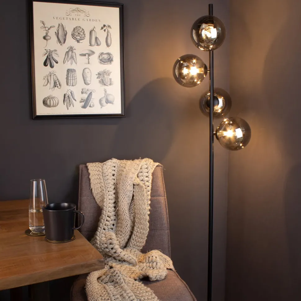 Gulvlampe Neptun med røykglasskuler, svart