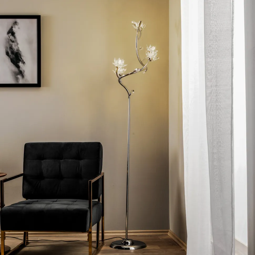 Gulvlampe Ninfea, krom, krystallblomster, 175 cm