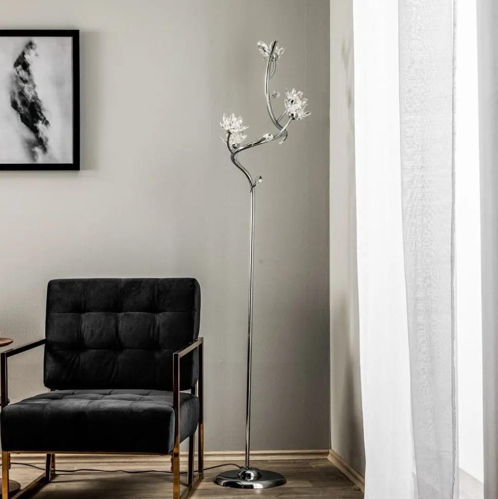 Gulvlampe Ninfea, krom, krystallblomster, 175 cm
