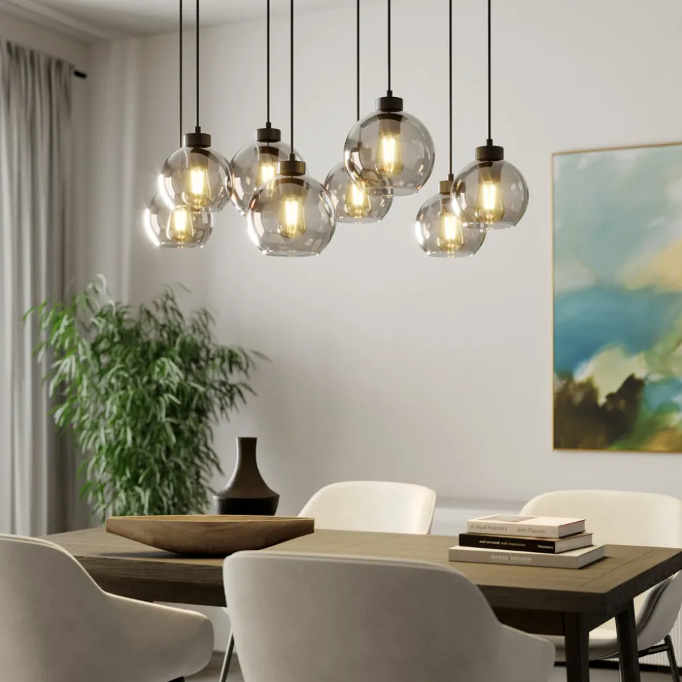 Hengelampe Cubus, 95 cm lang, 8 lyskilder, røykgrå, glass