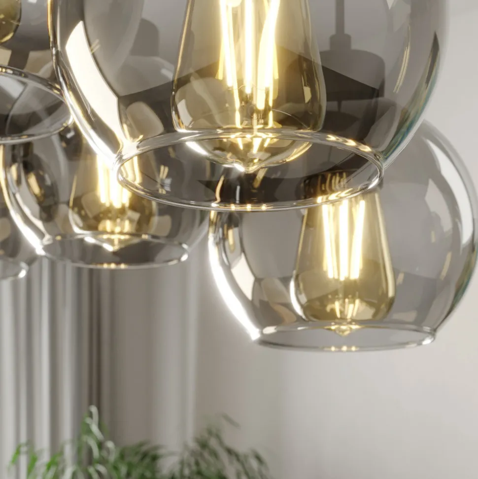 Hengelampe Cubus, 95 cm lang, 8 lyskilder, røykgrå, glass