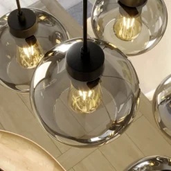 Hengelampe Cubus, 95 cm lang, 8 lyskilder, røykgrå, glass