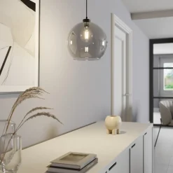 Hengelampe Cubus, røykgrå, glass, Ø 30 cm, E27