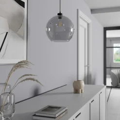 Hengelampe Cubus, røykgrå, glass, Ø 30 cm, E27