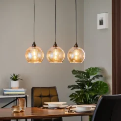 Hengelampe gull 022 3 lyskilder lineært glass Ø20cm