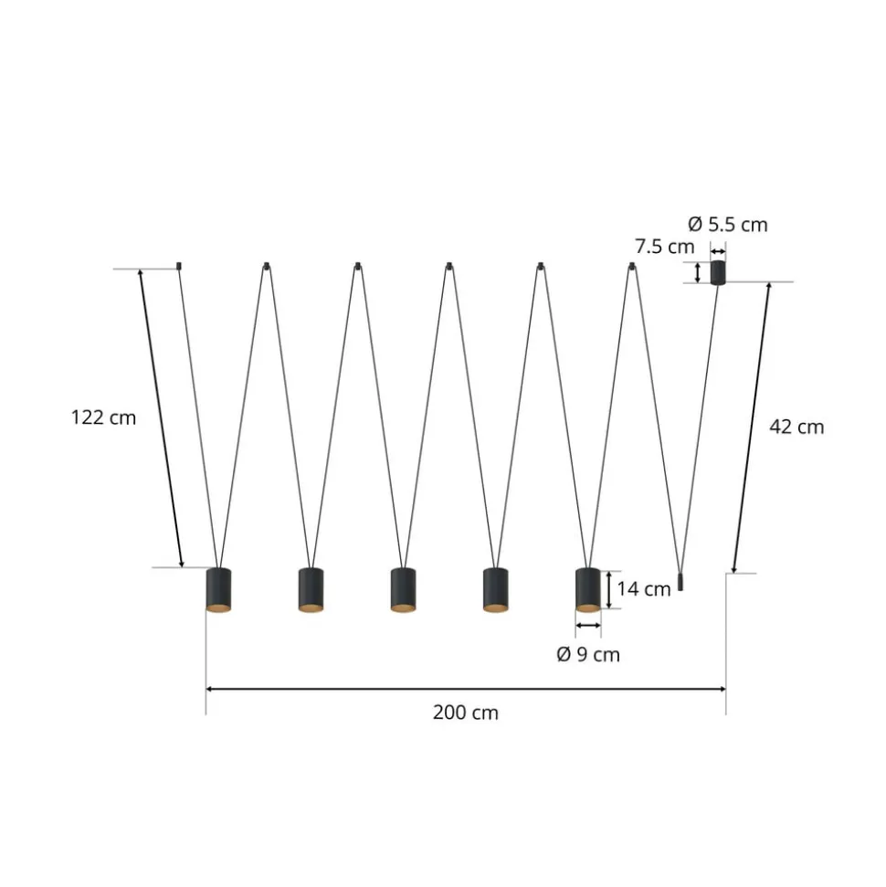 Hengelampe More Tone, svart/gull, 5 lyskilder
