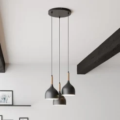 Hengelampe Noak 3 lyskilder rund svart/tre natur