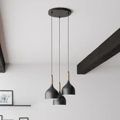 Hengelampe Noak 3 lyskilder rund svart/tre natur