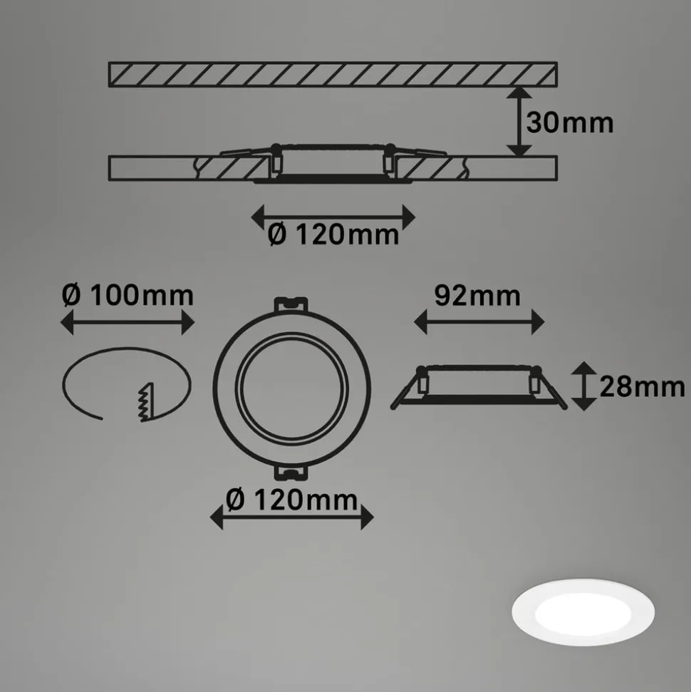 Innfellingslampe Jeft, Ø12 cm, hvit, sett med 3 stk, av/på, stiv