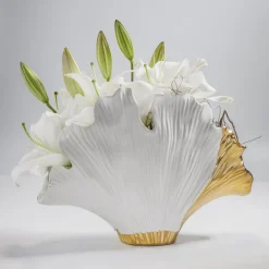 KARE Ginkgo Elegance-vase, høyde 18 cm, steintøy, hvit, gull